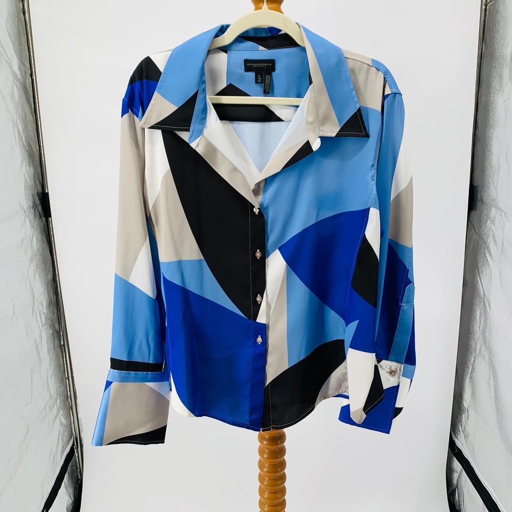 Donna Karan New York size XL Geometric Colorblock Button Down Blouse Blues